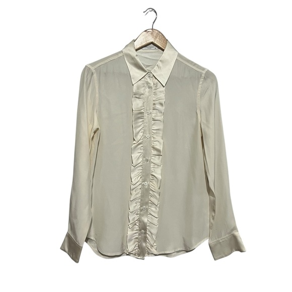 Equipment Silk Cream Satin Ruffle-Front Button Down Blouse Petite Small Office - Picture 2 of 7